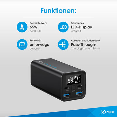 XLayer Power Bank Bar 20.000 mAh 65W Core Power Akku, externes Ladegerät für Laptop, PC iPhone, iPad