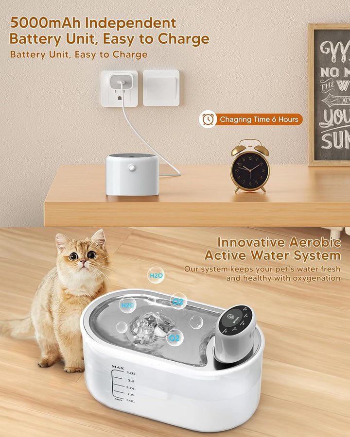 TOMXCUTE 3L Katzenbrunnen Kabellos, 5000mAh Akku Batteriebetriebener Trinkbrunnen für Katze mit Bewe