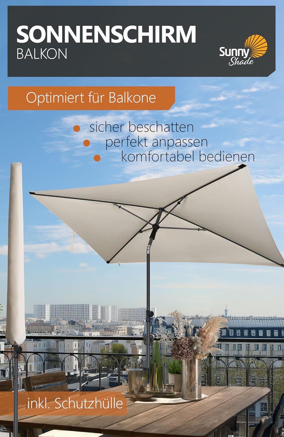 4smile Sonnenschirm Balkon SunnyShade Plus, mit Sonnenschirmhülle - Sonnnenschutz Balkon SET, Beige