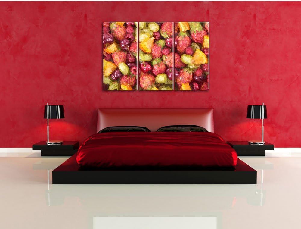 Pixxprint Fruits: Cherry, Strawberry, Orange, Grapes Pinsel Effekt 3-Teiler Leinwandbild 120x80 Bild
