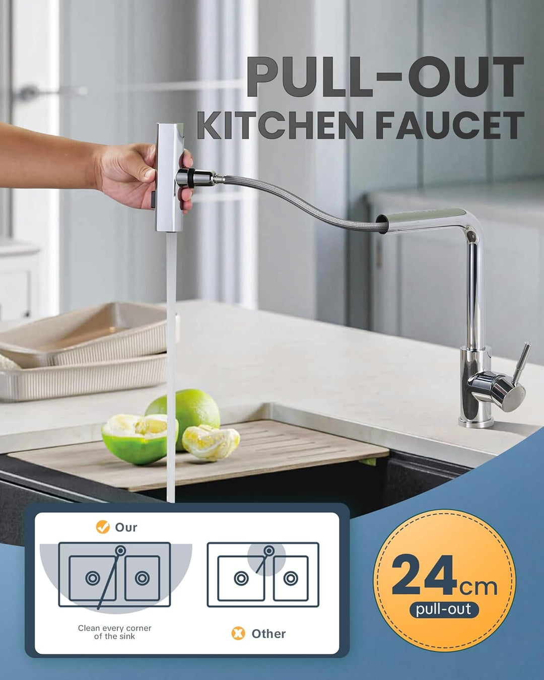 Wasserhahn Küche, Küchenarmatur Ausziebar mit Brause, Hochdruck Wasserfall Spültischarmatur 360° Dre