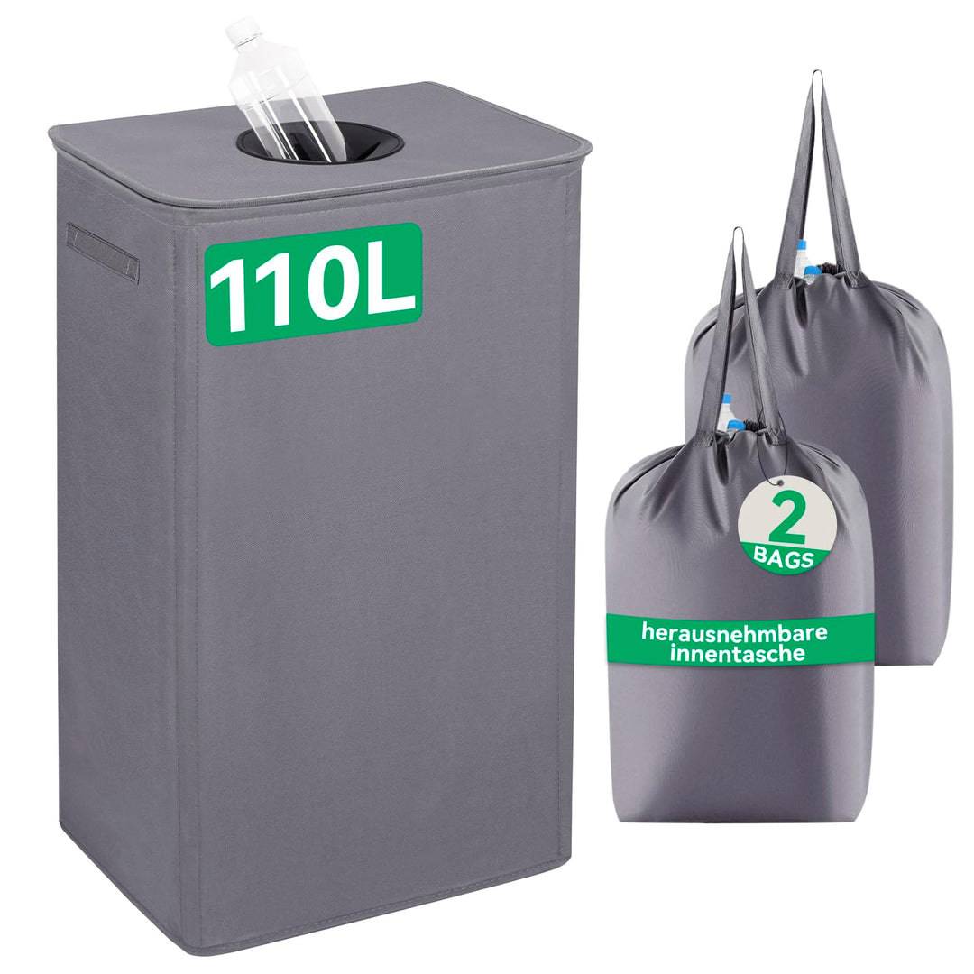 WOWLIVE Pfandflaschen Sammelbehälter,110L Flaschensammler Leergut mit Deckel &amp; 2 Tragetasche,Flasche