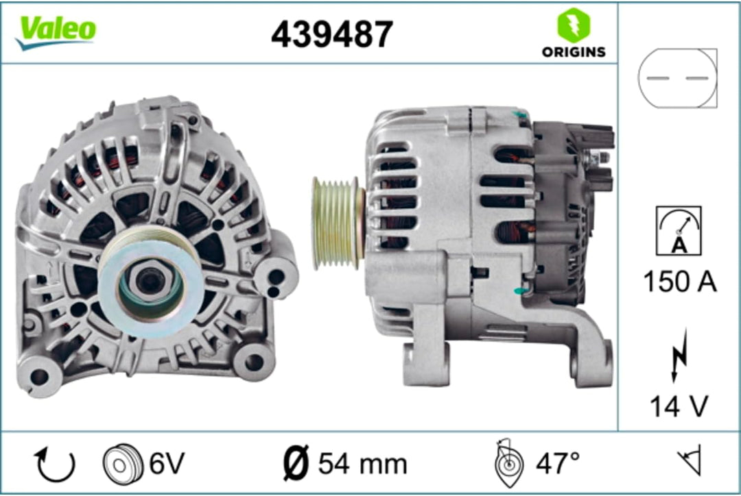 VALEO 439487 Generator Ladestrom des Generators: 150 Amp Rippen: 6 rippen Riemenscheibe Ø: 54,8 mm S