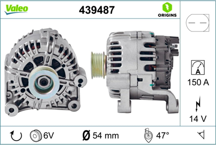 VALEO 439487 Generator Ladestrom des Generators: 150 Amp Rippen: 6 rippen Riemenscheibe Ø: 54,8 mm S