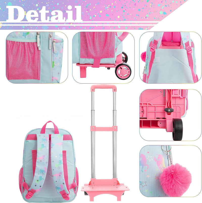 HTgroce Einhorn Schulranzen Rucksack Trolley mit 2 Rollen für Kinder Mädchen,Kinder Schultrolley Gee