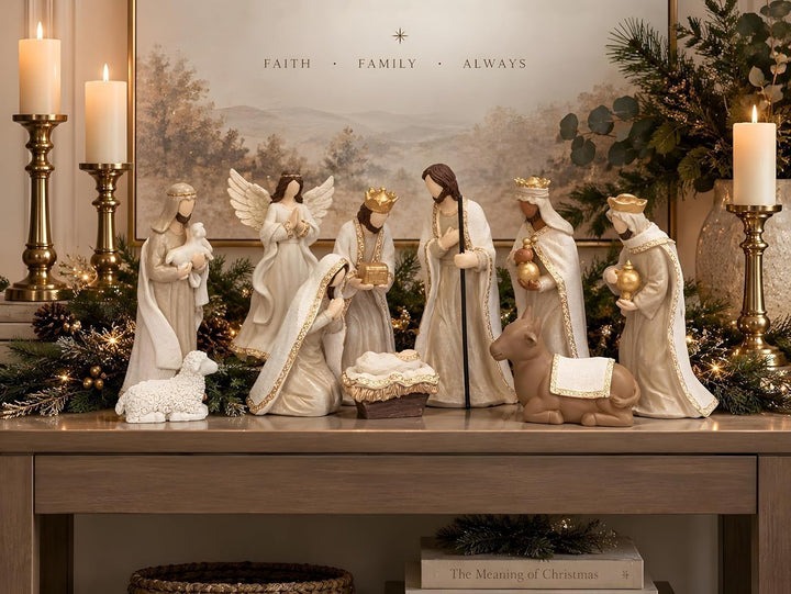 Decostatue Weihnachtskrippen-Set mit Stall, 13-teilig, Innenbereich Beige Krippenfiguren Set（13pcs）,