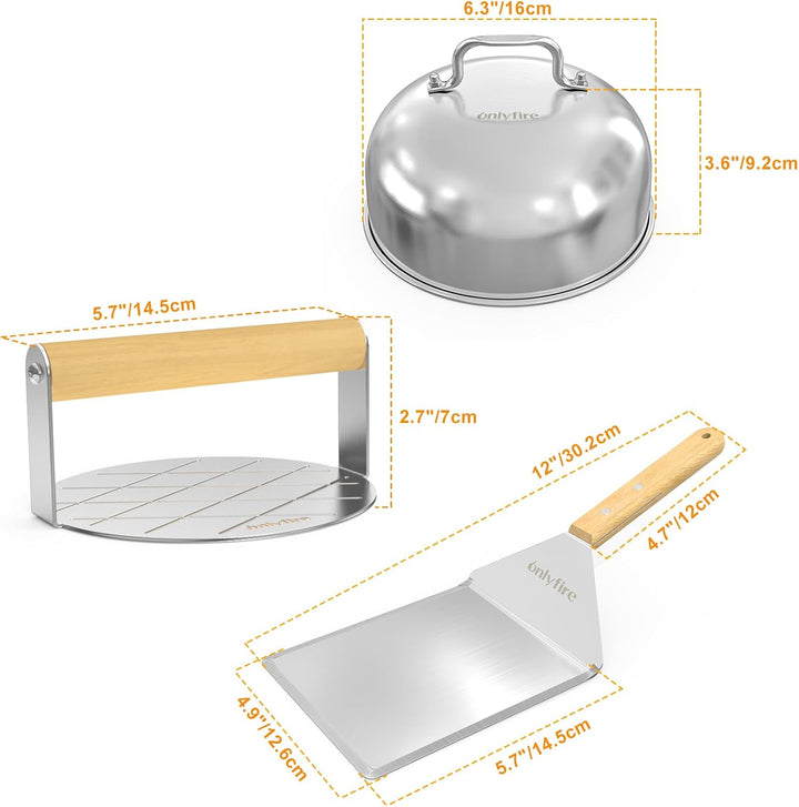 Onlyfire Edelstahl Grillbesteck Set, 4-Teilig Grillkoffer Set mit Runder Burgerpresse, Grillspachtel