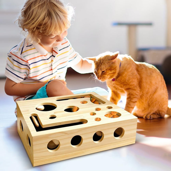 Beschäftigungsbox Krallenfeile Katzen, 30X25X8CM Kratzpuzzle Spielbox Holz Katzen, Interaktives Futt