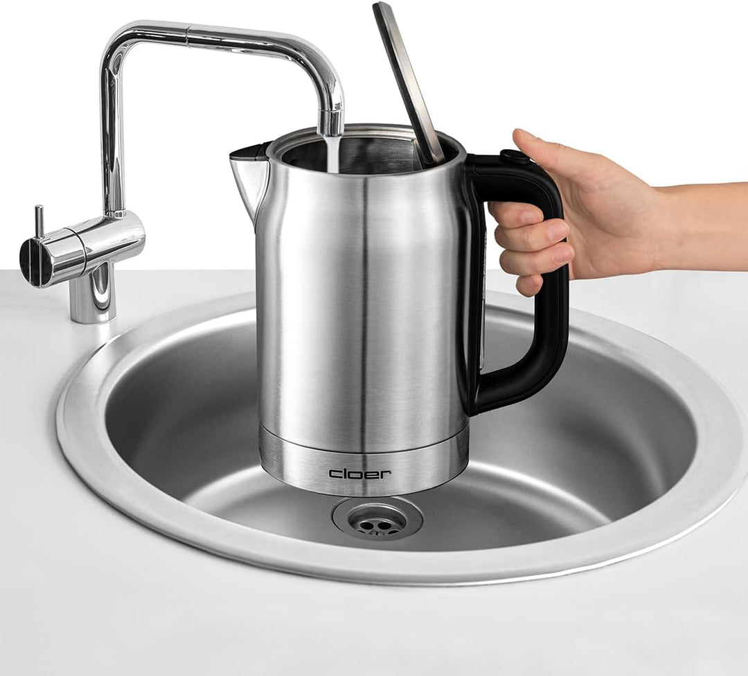 Cloer 4459 Touch-Wasserkocher, Basisstation mit Glasoberfläche-LED-Anzeige, 1,7 Liter, Edelstahl Tou