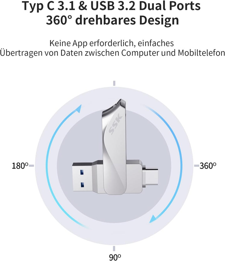 SSK 256GB USB C Flash Drive Dual Drive 2 in 1 OTG USB 3.2 + Type C Memory Stick Thumb Drive, Thunder