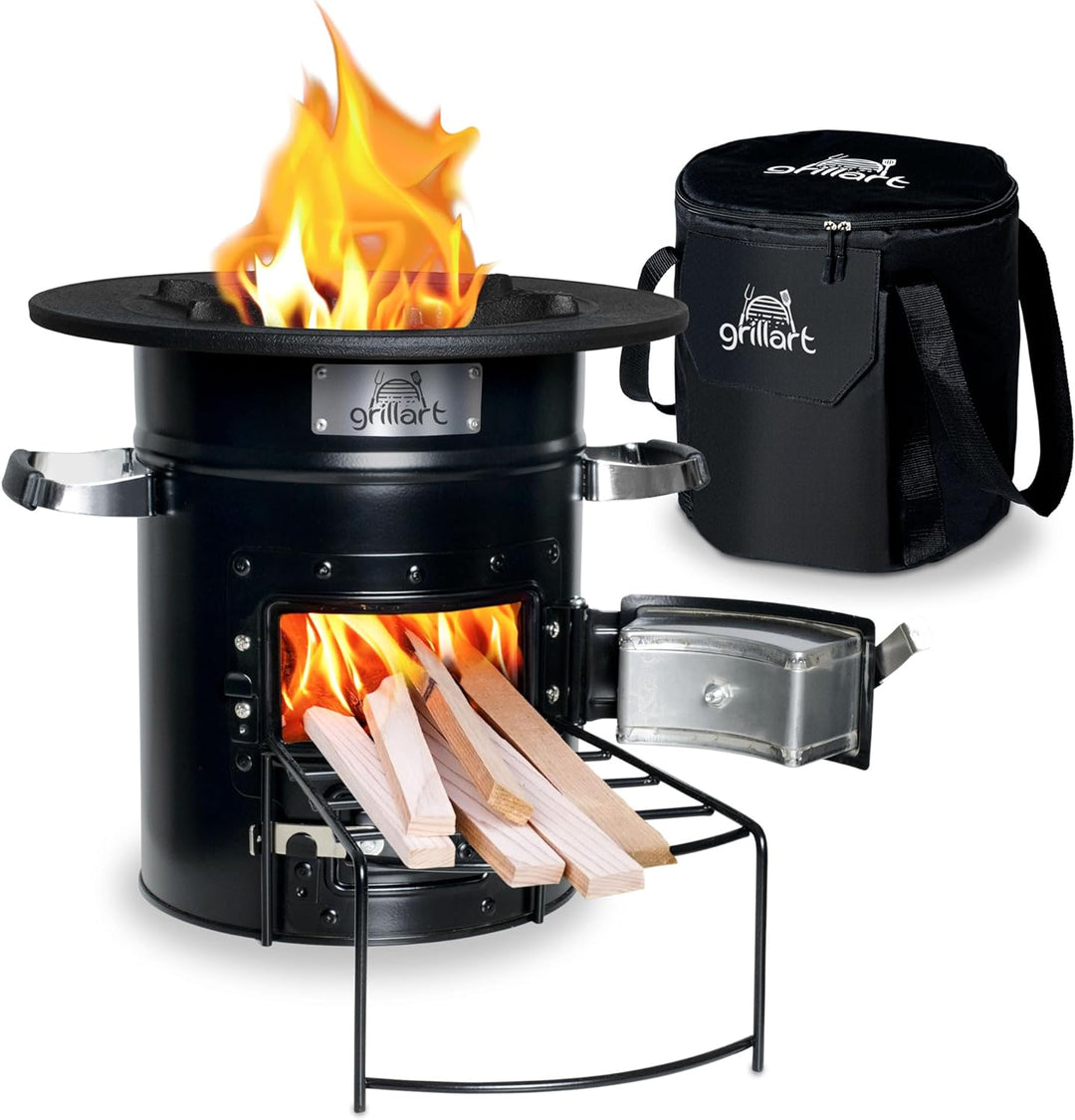 grillart® Raketenofen Outdoor “Powertrain” (mit Tragetasche) schwarz – effizienter Holzofen als Camp