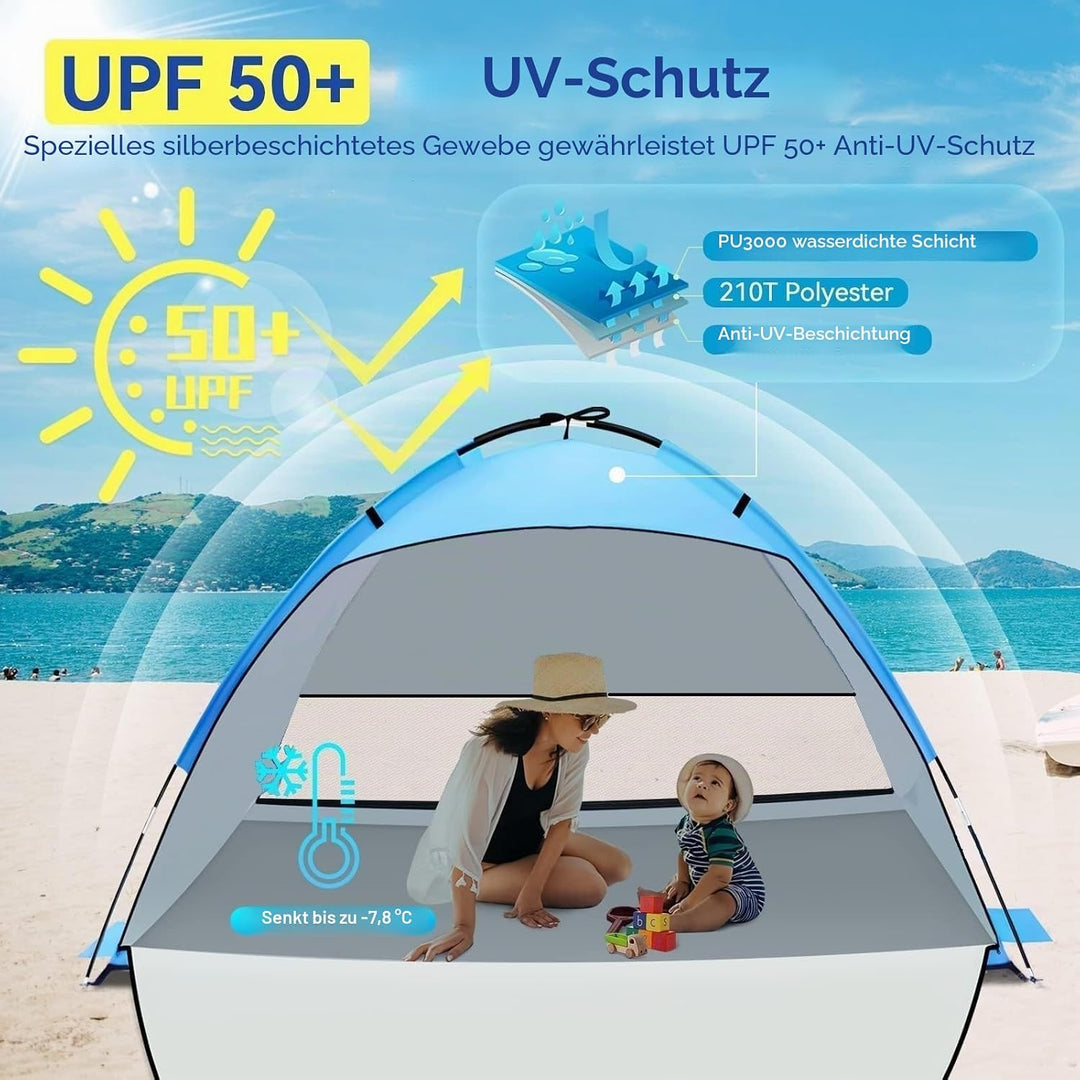 Strandmuschel UV Schutz, UPF 50+ Strandzelt Kleines für 2/3/4 Personen, Tragbarer Strand Zelt, Winds