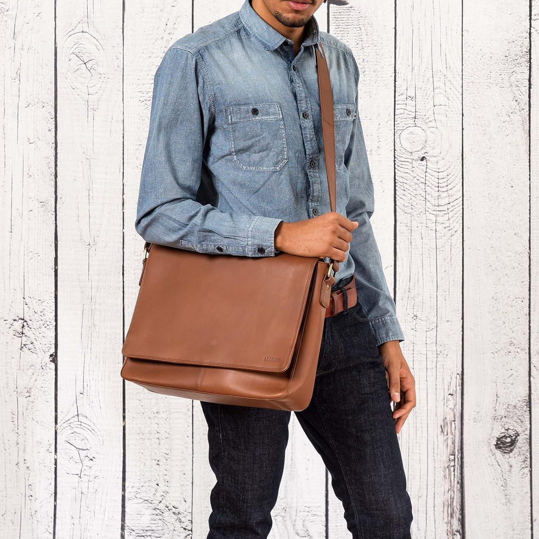 LEABAGS Leder Umhängetasche Herren &amp; Damen I Messenger Bag mit Schultergurt I Echtleder Laptoptasche