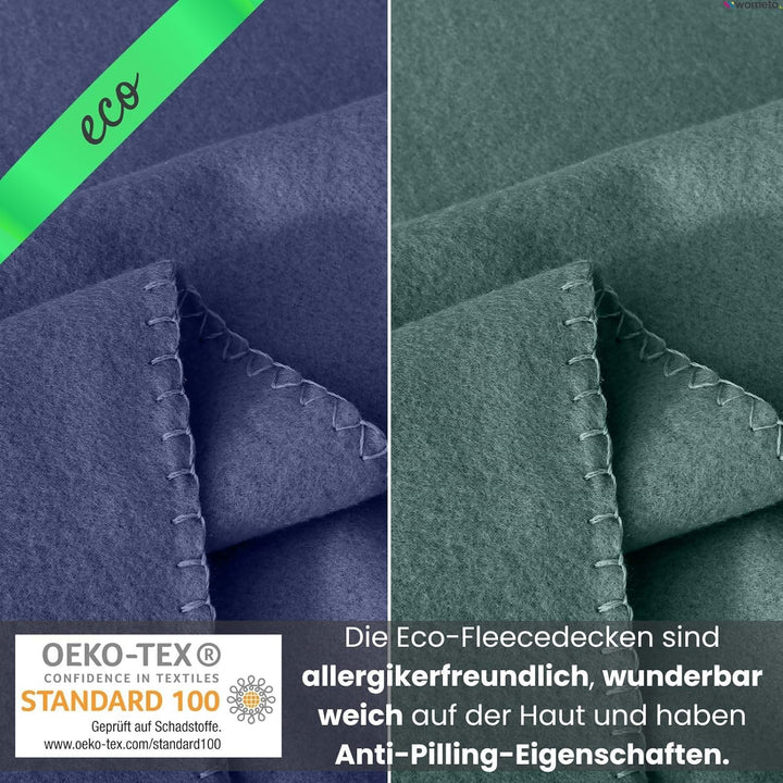 wometo 2er Set Eco Fleecedecken aus 100% recyceltem Material +geprüft 130x160 cm ca. 400 g - dunkelb