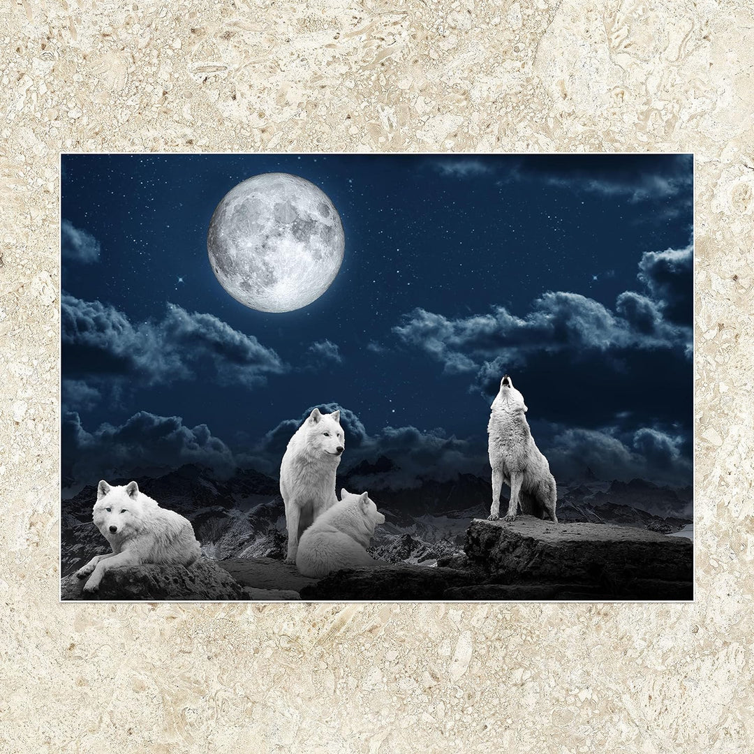 wandmotiv24 Poster als Wanddeko, Grösse Din A0, Wolfsrudel, Wolf, Gemälde, Mond, Wölfe, Felsen, Tier