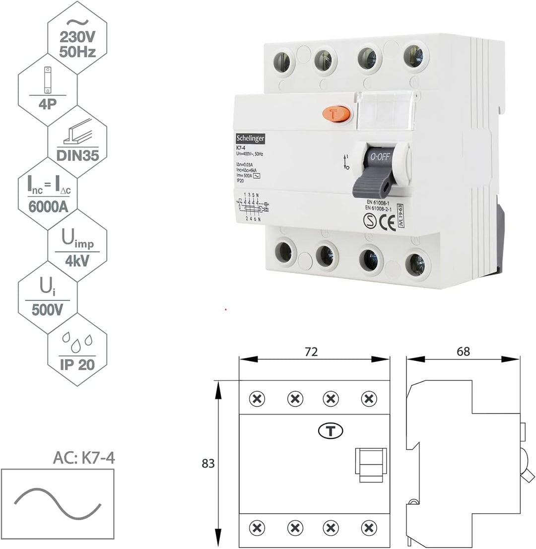 Schelinger Fehlerstromschutzschalter FI-Schalter RCD / 30mA / 4-polig / 40A (4-Polig / 40A / VDE), 4