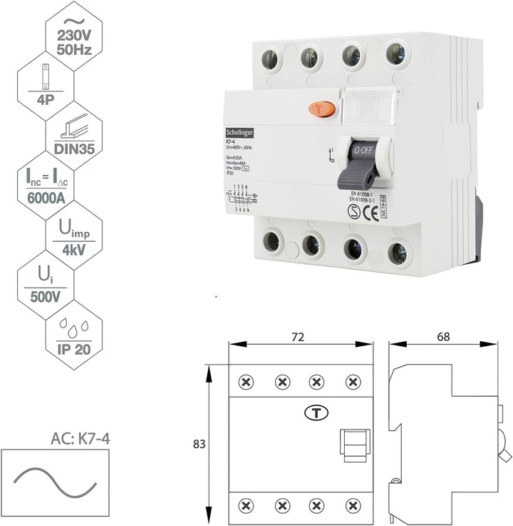 Schelinger Fehlerstromschutzschalter FI-Schalter RCD / 30mA / 4-polig / 40A (4-Polig / 40A / VDE), 4