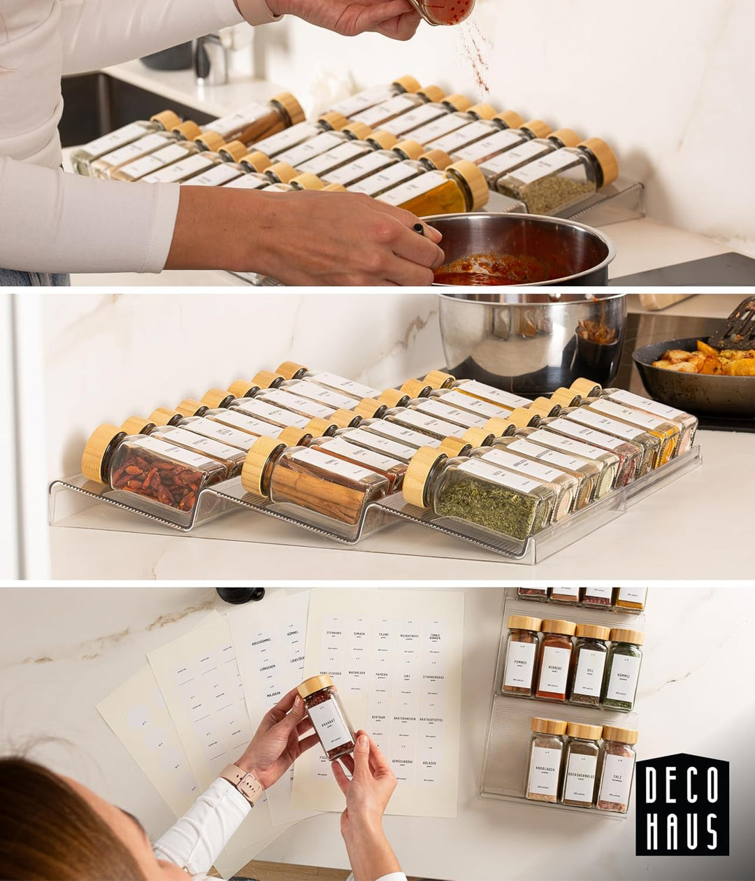 Deco haus® Gewürzregal Schublade [MIT 24 GEWÜRZGLÄSER & ETIKETTEN] - Gewürz Organizer Schublade - Ge