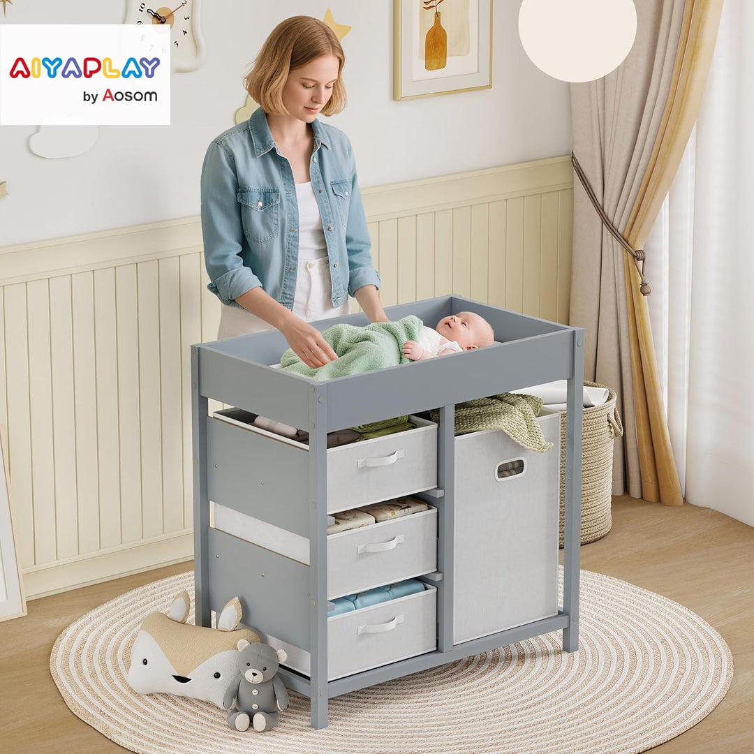 AIYAPLAY Wickeltisch mit 4 Schubladen, Wickelkommode für 0-12 Monate (max. 11kg), mit Matte, Säuglin