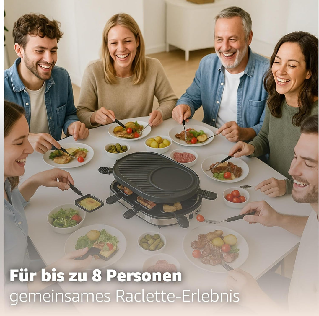 Raclette Set für 8 Personen mit Pfännchen & Schaber - Rostfrei & Regulierbar (Rund), Rund