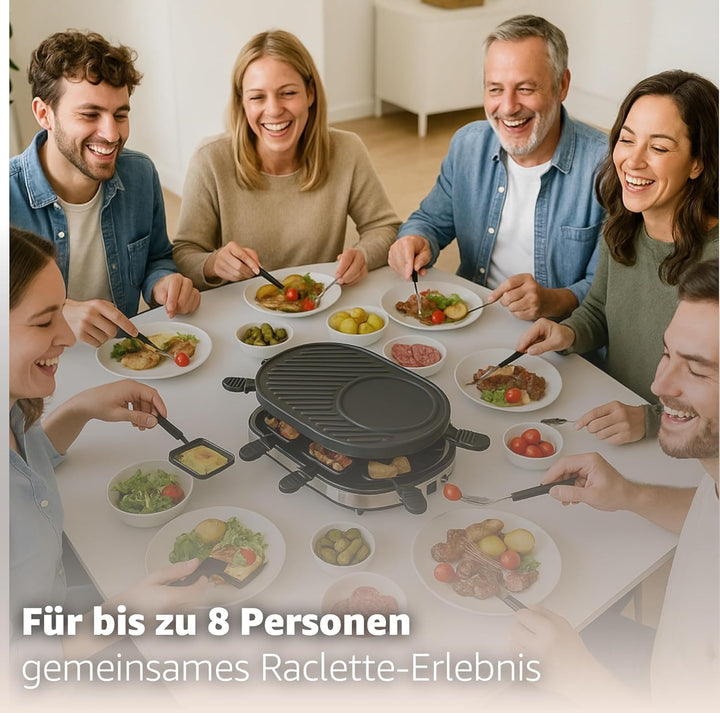 Raclette Set für 8 Personen mit Pfännchen & Schaber - Rostfrei & Regulierbar (Rund), Rund