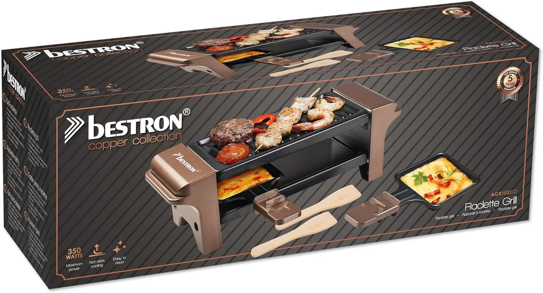 Bestron Raclette für 1 bis 2 Personen, Mini Tischgrill mit zwei Pfännchen, zwei Holzschabern & zwei