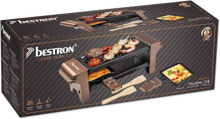 Bestron Raclette für 1 bis 2 Personen, Mini Tischgrill mit zwei Pfännchen, zwei Holzschabern & zwei