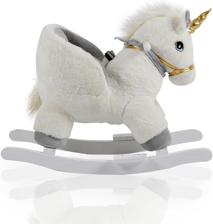 Moni Plüsch Einhorn Schaukeltier Moon WJ-6188, Handgriffe aus Holz Musikfunktion weiss, Weiß