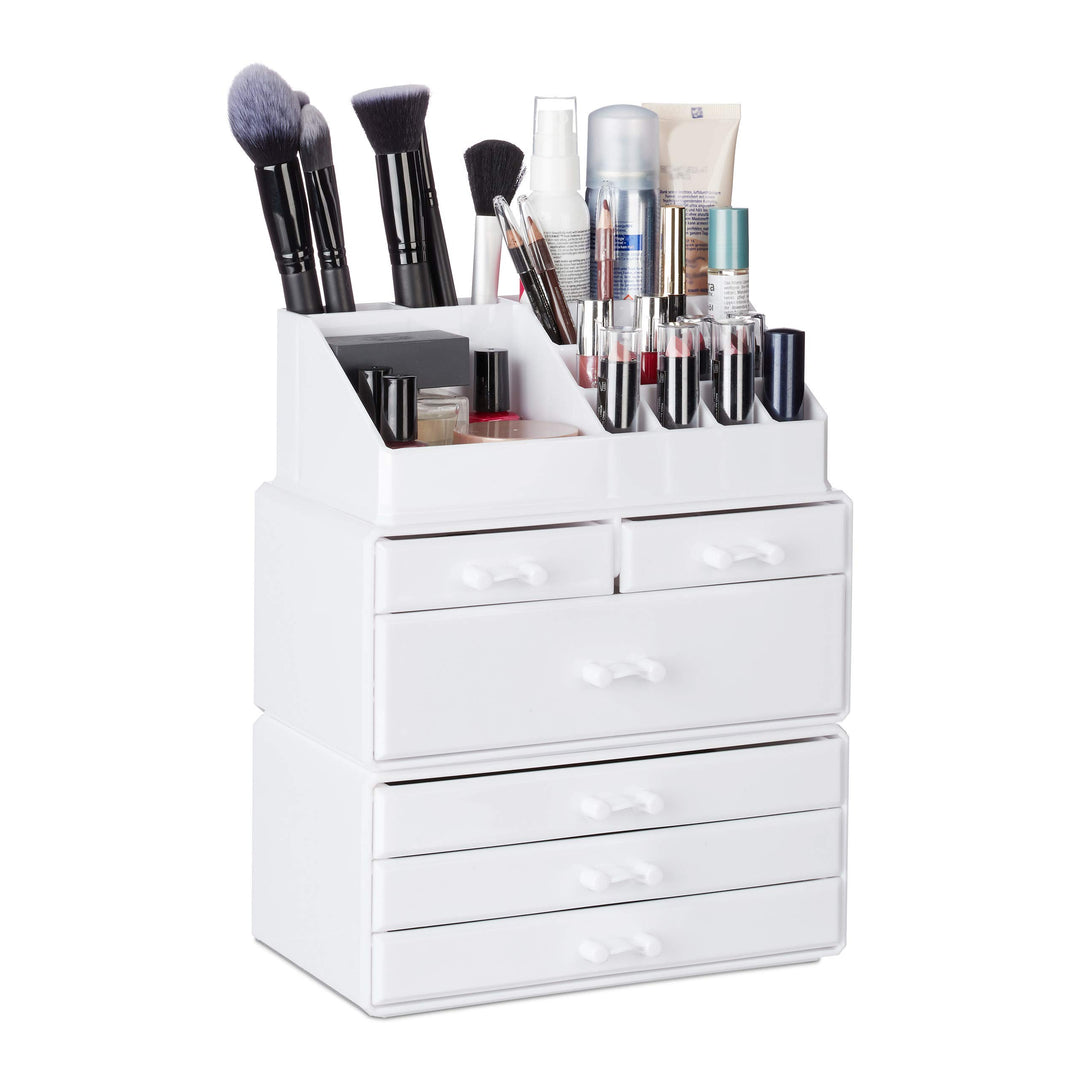Relaxdays, weiss Kosmetikorganizer mit 6 Schubladen, 22 Fächer Make Up Organizer, Grosse Schmink-Auf