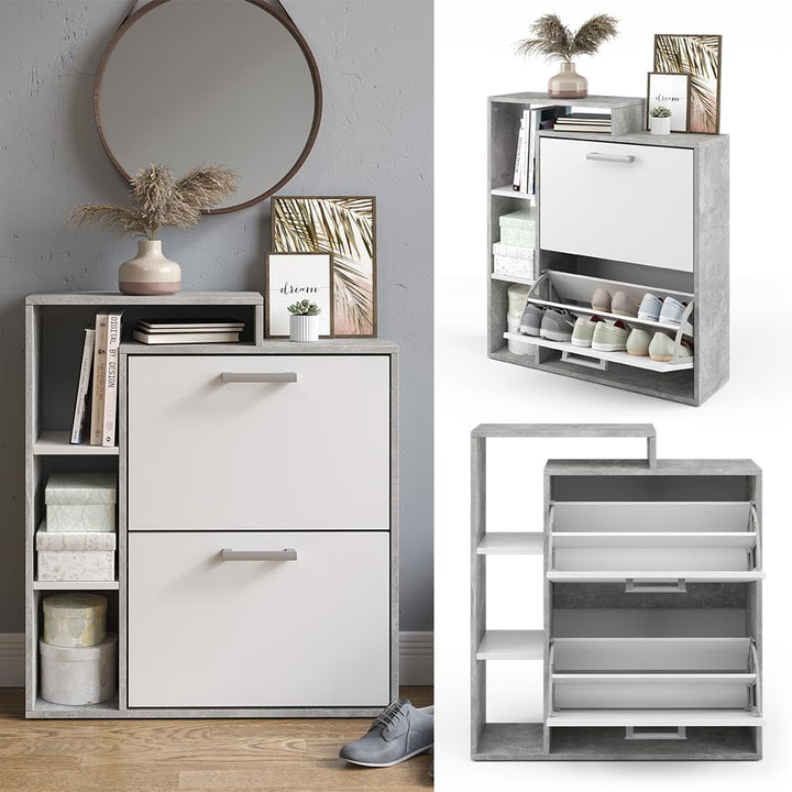 Vicco Schuhkipper Orlando, Schuhregal, Beton, 24.5 x 90 cm Weiss/Beton 2 Fächern, Weiß/Beton 2