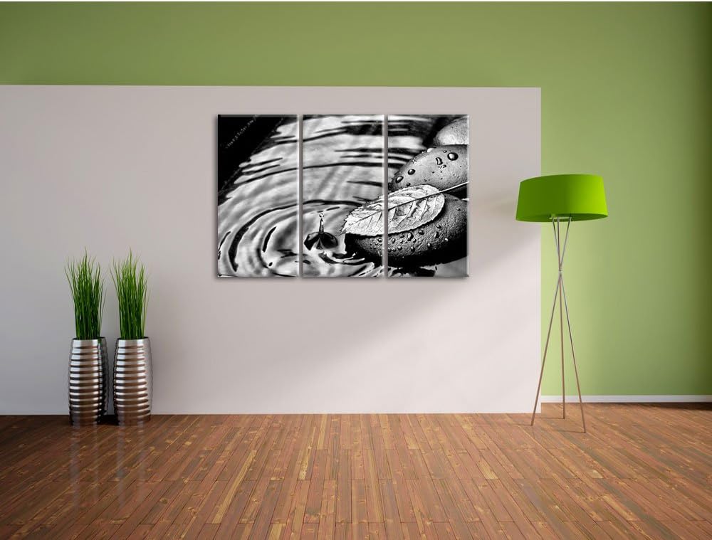 Pixxprint Stein mit Blatt als Leinwandbild/Grösse: 3 Teilig (120x80) cm/Wandbild/Kunstdruck/fertig b
