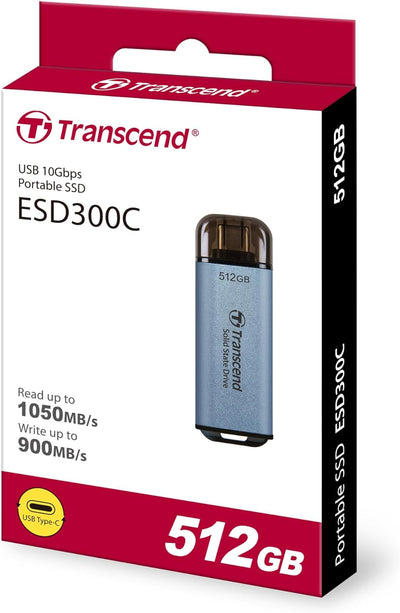 Transcend Portable SSD ESD300C 512GB USB Typ-C 10 Gbit/s PS4/PS5-kompatibel, Blau – TS512GESD300C