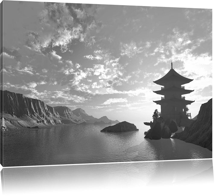 Pixxprint Tempel in grossem Tal B&W / 100x70cm Leinwandbild bespannt auf Holzrahmen/Wandbild Kunstdr
