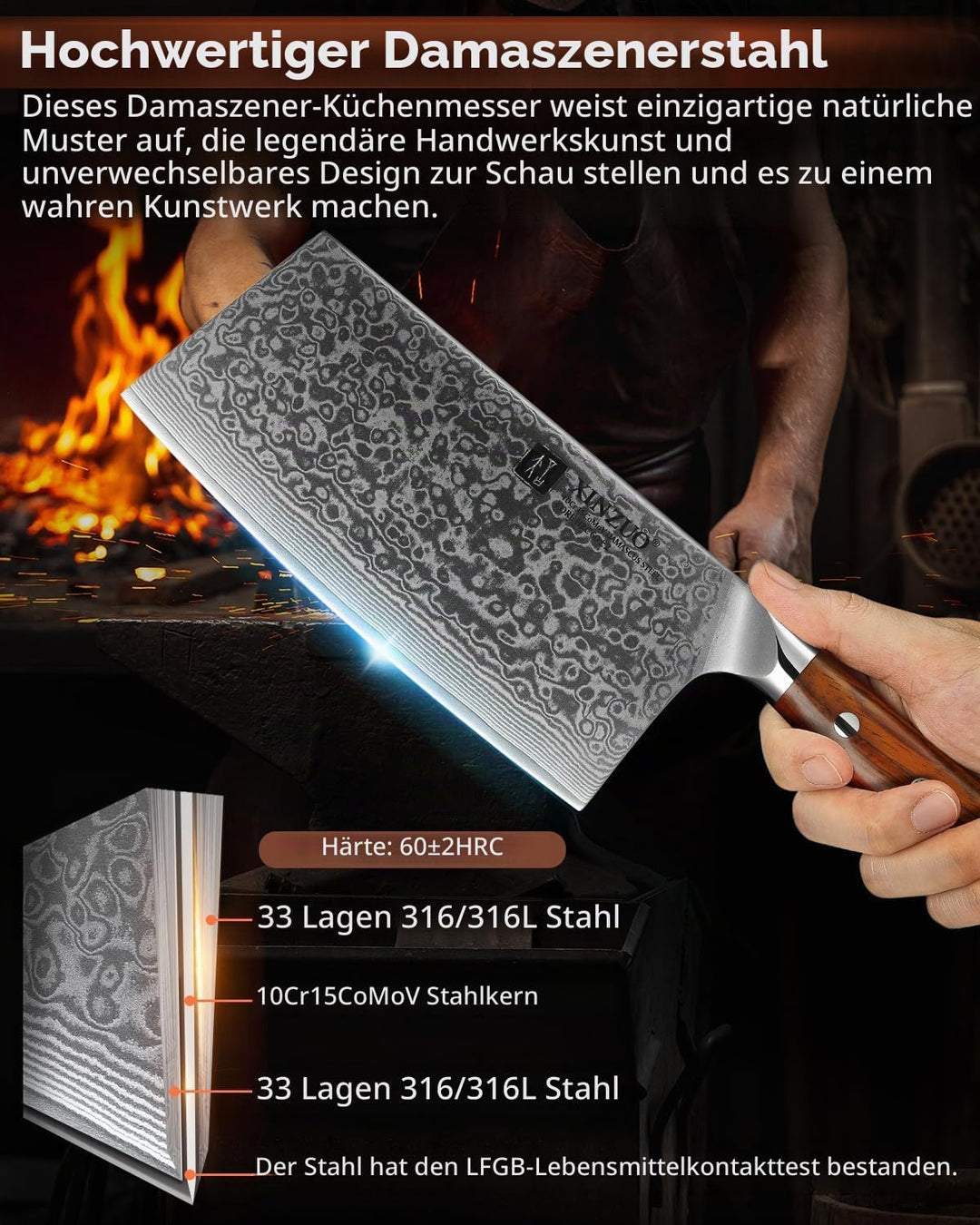 XINZUO Hackmesser Damaststahl 18cm Chinesisches Kochmesser, Hochwertige Profi Hackbeil Scharfe Kling