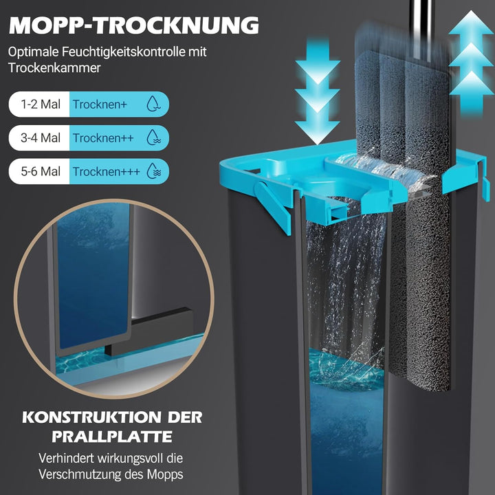 MASTERTOP Bodenwischer Set mit Eimer, Flacher Wischmopp mit 6 Mikrofaser Pads für Nass-Trockennutzun