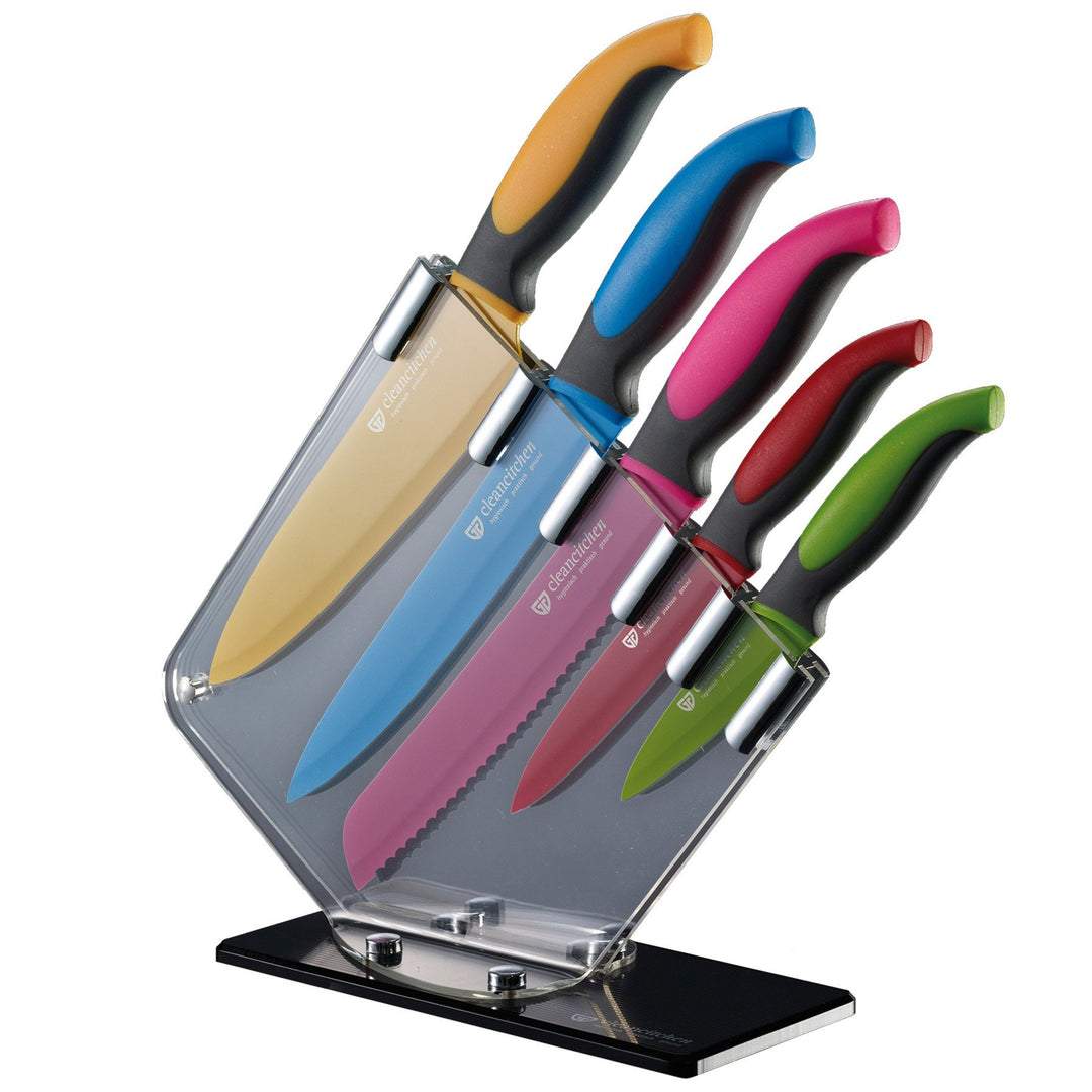 GRÄWE Messer-Set 6-teilig, bunt, Antihaft-Klingen, rutschfeste Griffe, Acryl-Messerhalter, Kochmesse
