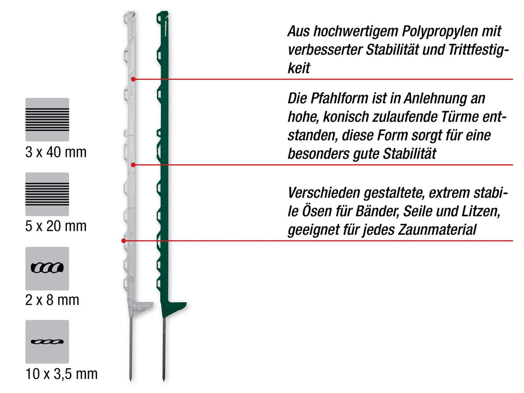Weidezaunpfähle 115 cm, 10er Pack, grün, Kunststoff Weidepfähle, Pfahl für Weidezaun, 11 Ösen, lange