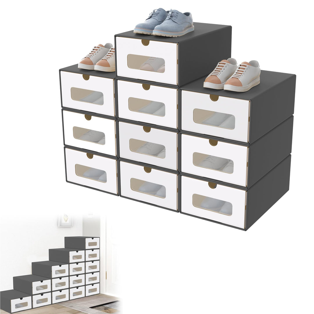 YRHome 10er Stapelbares Boxen-Set – Schubladenbox mit Sichtfenster aus Kraftpapier, Schuh- & Spielze
