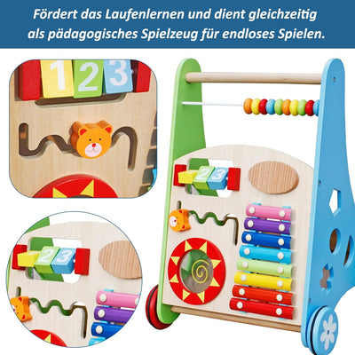 COIL 3-in-1 Holzpuppenwagen Lernspielzeug Musikwagen Laufhilfe Labyrinth Abakus Becken Trommel Forme