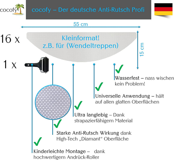 cocofy Antirutsch Stufenmatten schmal Kleinformat 16x (55x15 cm) für Wendeltreppe innen, Raumspartre