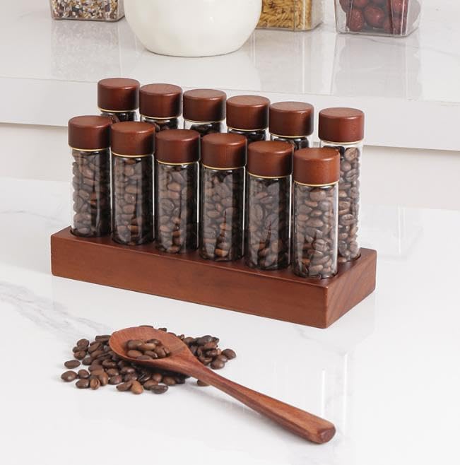 12 Stück Single Dose Kaffeebohnen Aufbewahrung mit Holz Halter, Aufbewahrung Röhrchen Set für Espres
