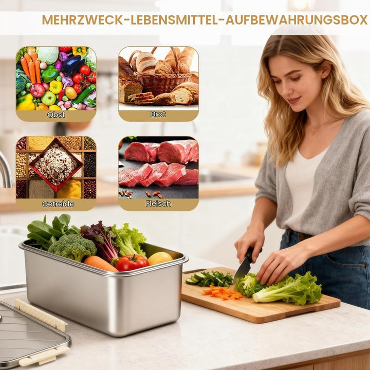 Brotkasten aus Edelstahl mit Zeitschaltuhr, Brotkasten Gross, luftdichter Aufbewahrungsbehälter für