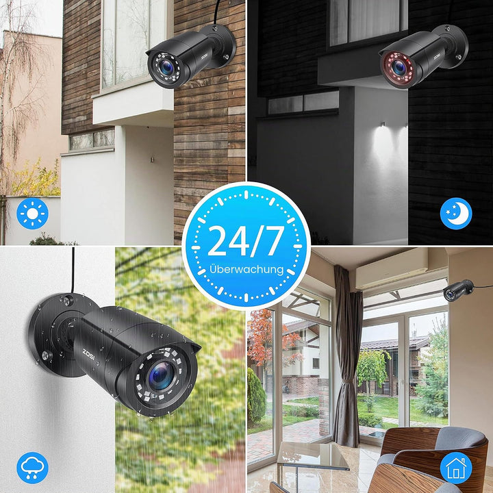 ZOSI 4 Stück 2MP 1080P Outdoor Video Überwachungskamera Set mit Netzteil und Videokabel, 1080P TVI H
