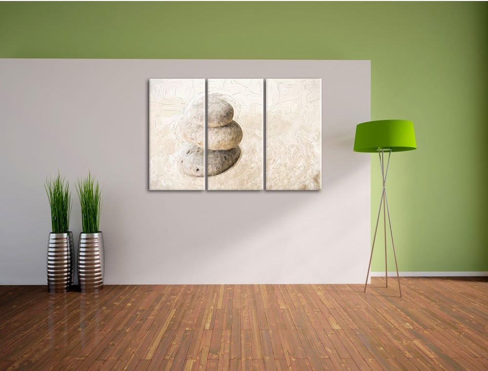Pixxprint Steine im Sand mit Muster Pinsel Effekt 3-Teiler Leinwandbild 120x80 Bild auf Leinwand