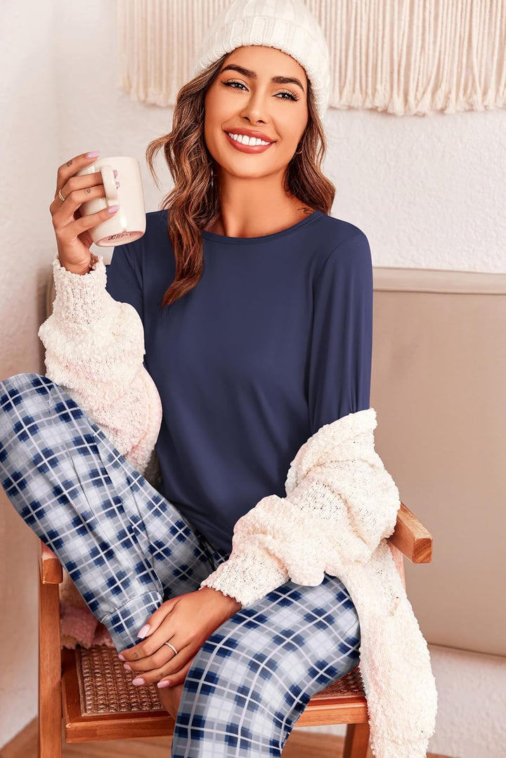 Ekouaer Schlafanzug Damen Lang Kuschelig Pyjama Set mit Bündchen Kariert Pyjamahose mit Tasche Blau