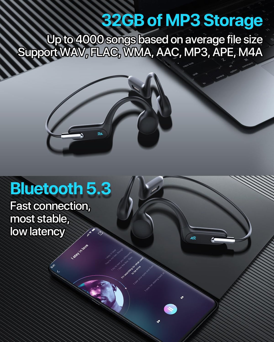 HIFI WALKER T10 Air, Knochenschall Kopfhörer, IPX8 wasserdichte Kopfhörer Schwimmen Open-Ear Bluetoo