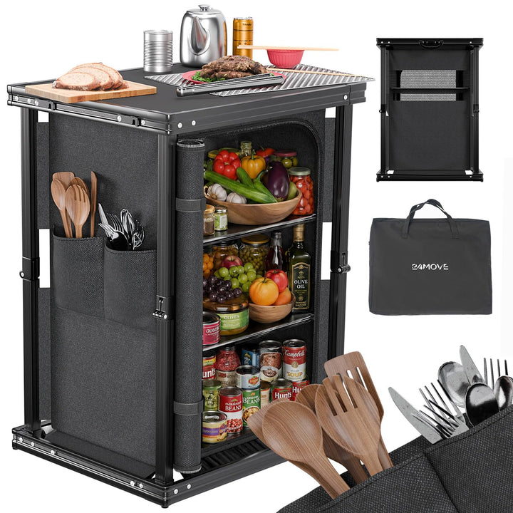 24MOVE® Campingküche faltbar, höhenverstellbarer Campingschrank Alu Reiseküche mit Arbeitsplatte und