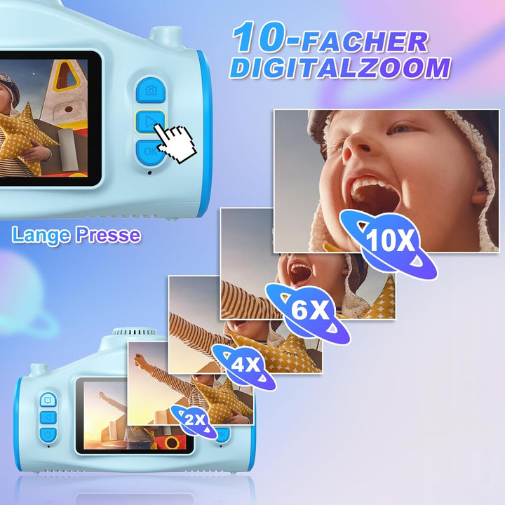 Kinderkamera mit Projektor, CHAKEYAKE 2 in 1 1080P Kinder Kamera mit Stativ, 32GB-Karte, 2500mAh Akk