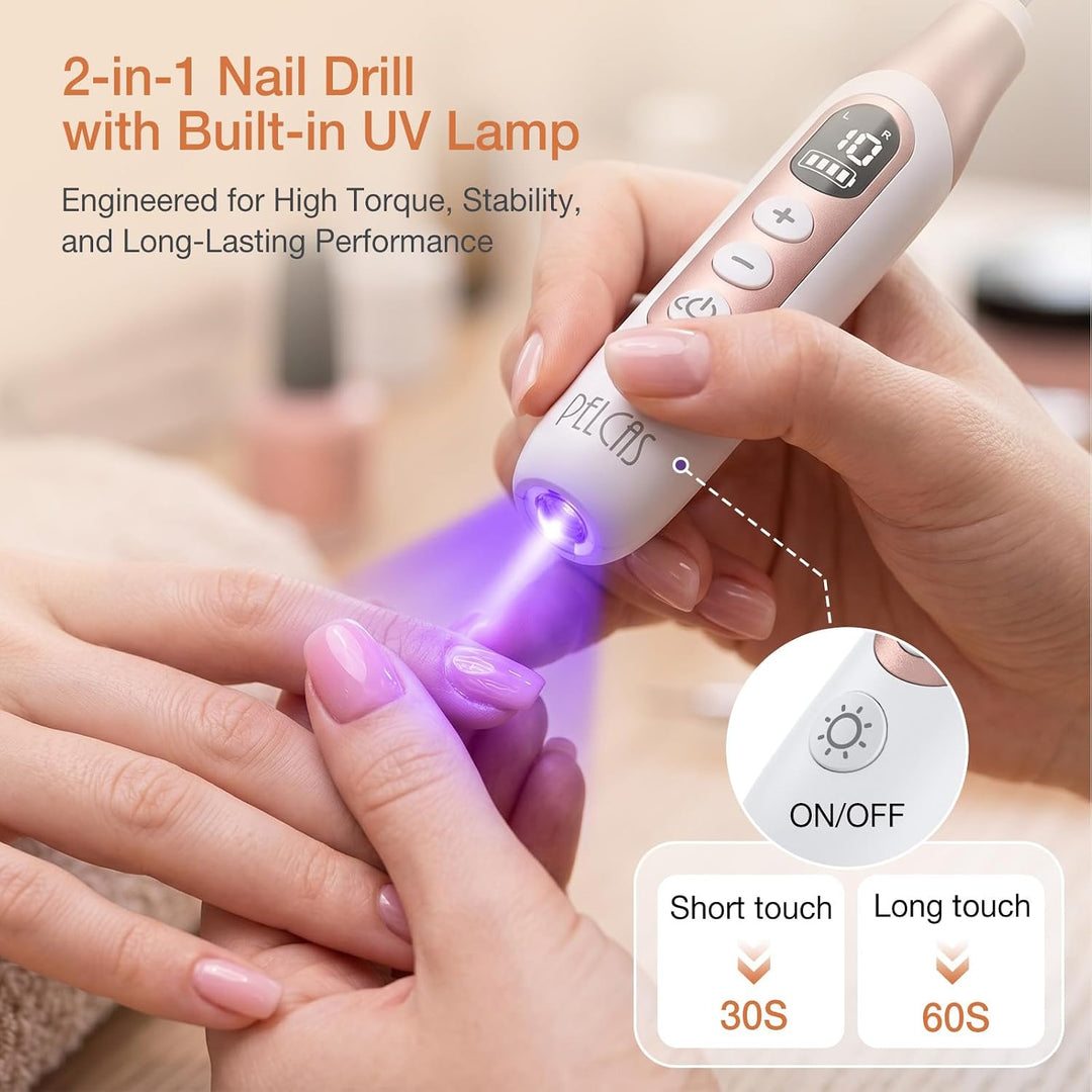 PELCAS Elektrische Nagelfräser 10 Geschwindigkeiten UV Licht Schnurloser Nagelbohrer Professionell N