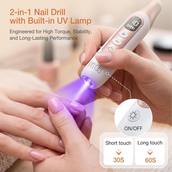 PELCAS Elektrische Nagelfräser 10 Geschwindigkeiten UV Licht Schnurloser Nagelbohrer Professionell N